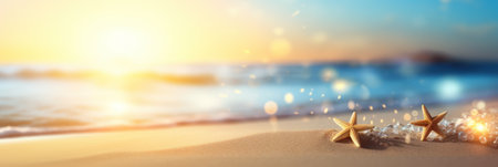 Tropical summer sand beach and bokeh sun light on sea background. Generative AIの素材