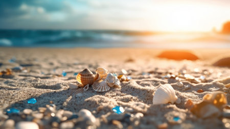 Tropical summer sand beach and bokeh sun light on sea background. Generative AIの素材