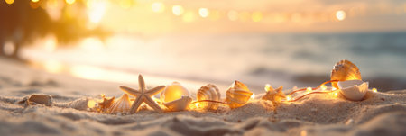 Tropical summer sand beach and bokeh sun light on sea background. Generative AIの素材