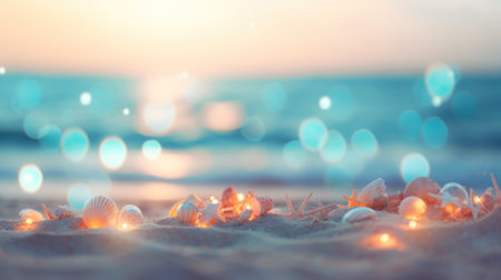 Tropical summer sand beach and bokeh sun light on sea background. Generative AIの素材