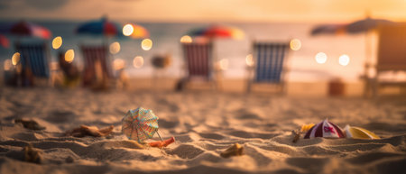 Tropical summer sand beach and bokeh sun light on sea background. Generative AIの素材
