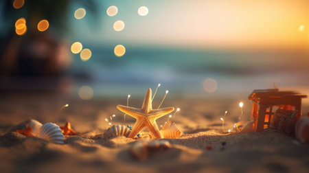 Tropical summer sand beach and bokeh sun light on sea background. Generative AIの素材