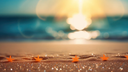 Tropical summer sand beach and bokeh sun light on sea background. Generative AIの素材