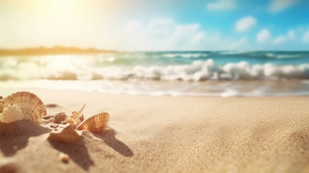 Tropical summer sand beach and bokeh sun light on sea background. Generative AIの素材