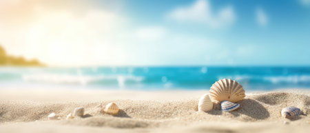 Tropical summer sand beach and bokeh sun light on sea background. Generative AIの素材