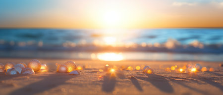 Tropical summer sand beach and bokeh sun light on sea background. Generative AIの素材