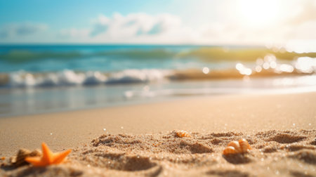 Tropical summer sand beach and bokeh sun light on sea background. Generative AIの素材