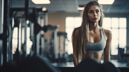 Beautiful young fitness girl in gym. Female fitness. Generative AIの素材