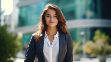 Portrait of a beautiful young business woman in a suit on a background of a business centerの素材
