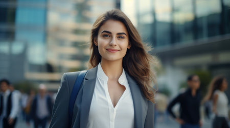 Portrait of a beautiful young business woman with long curly hair, wearing a blue jacket and a white shirt, standing in the city.の素材