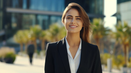 Portrait of a young business woman on the background of office buildingの素材
