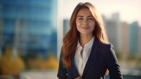 Beautiful young businesswoman outdoors on sunny day, focus on faceの素材