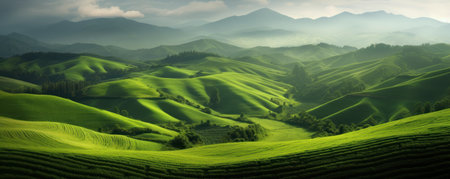 Beautiful landscape of green tea field at sunrise. Panoramic viewの素材