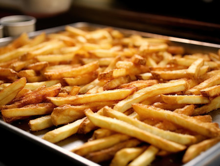 French fries is cooking into deep fryer at kitchen. Generative AIの素材