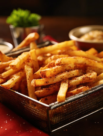 French fries is cooking into deep fryer at kitchen. Generative AIの素材