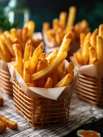 French fries is cooking into deep fryer at kitchen. Generative AIの素材