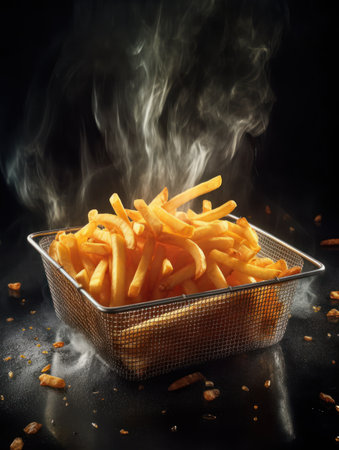 French fries is cooking into deep fryer at kitchen. Generative AIの素材