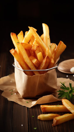 French fries is cooking into deep fryer at kitchen. Generative AIの素材