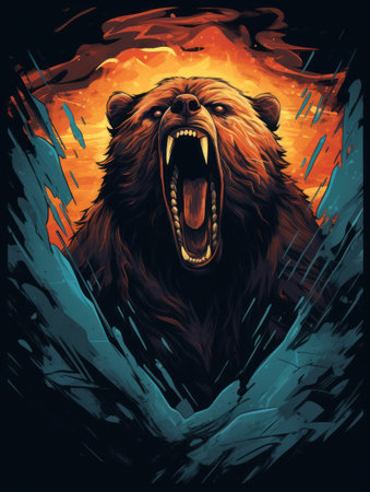 An angry grizzly's face with a mouth open . Print for T-shirts. Generative AIの素材