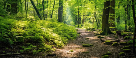 Silent Forest in spring with beautiful bright sun rays. Generative AIの素材