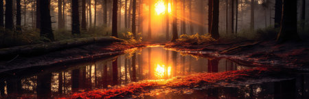 Sunny Forest in Autumn with beautiful bright sun rays. Generative AIの素材