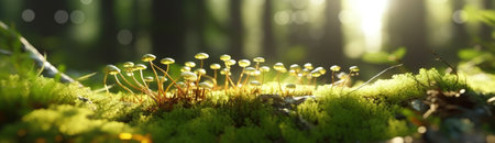 Silent Forest in spring with beautiful bright sun rays. Generative AIの素材