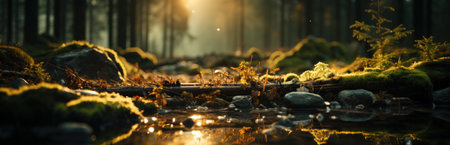 Silent Forest in spring with beautiful bright sun rays. Generative AIの素材