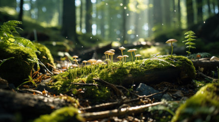 Silent Forest in spring with beautiful bright sun rays. Generative AIの素材