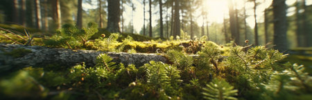 Silent Forest in spring with beautiful bright sun rays. Generative AIの素材