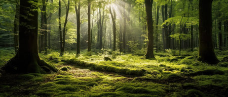 Silent Forest in spring with beautiful bright sun rays. Generative AIの素材