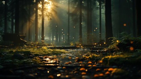 Silent Forest in spring with beautiful bright sun rays. Generative AIの素材
