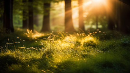 Silent Forest in spring with beautiful bright sun rays. Generative AIの素材