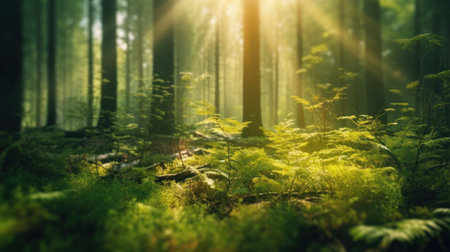 Silent Forest in spring with beautiful bright sun rays. Generative AIの素材