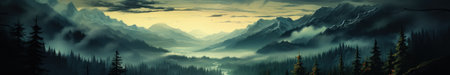 Misty mountain landscape. Moody forest landscape with fog and mist. Generative AIの素材