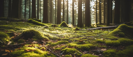 Silent Forest in spring with beautiful bright sun rays. Generative AIの素材