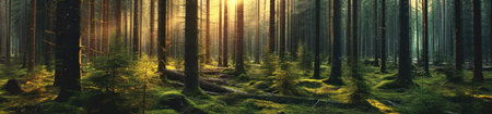 Silent Forest in spring with beautiful bright sun rays. Generative AIの素材