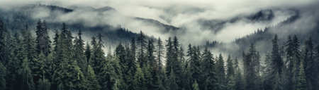 Misty mountain landscape. Moody forest landscape with fog and mist. Generative AIの素材
