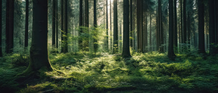 Silent Forest in spring with beautiful bright sun rays. Generative AIの素材