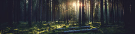 Silent Forest in spring with beautiful bright sun rays. Generative AIの素材