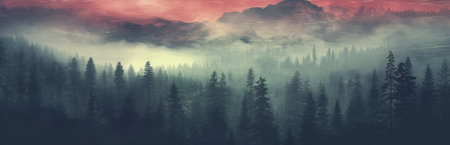Misty mountain landscape. Moody forest landscape with fog and mist. Generative AIの素材