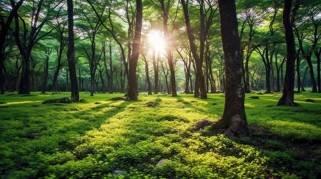 Silent Forest in spring with beautiful bright sun rays. Generative AIの素材
