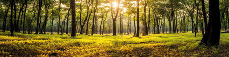 Silent Forest in spring with beautiful bright sun rays. Generative AIの素材