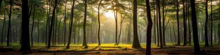Silent Forest in spring with beautiful bright sun rays. Generative AIの素材