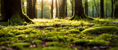 Silent Forest in spring with beautiful bright sun rays. Generative AIの素材