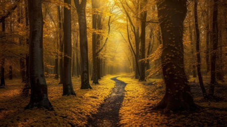 Sunny Forest in Autumn with beautiful bright sun rays. Generative AIの素材