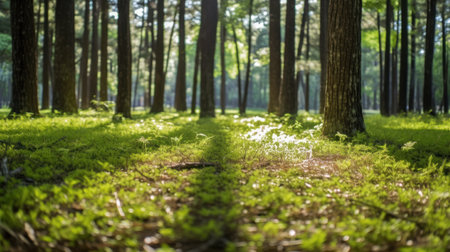 Silent Forest in spring with beautiful bright sun rays. Generative AIの素材