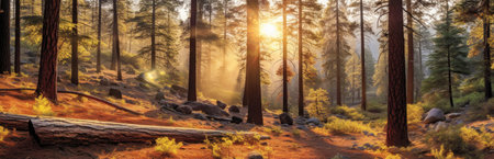 Sunny Forest in Autumn with beautiful bright sun rays. Generative AIの素材