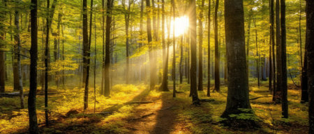 Silent Forest in spring with beautiful bright sun rays. Generative AIの素材