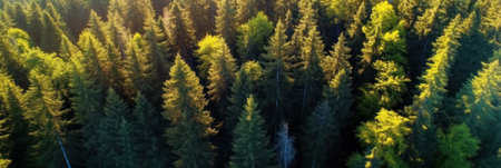 Aerial top view of green trees in forest. Pine forest of lush trees. Generative AIの素材