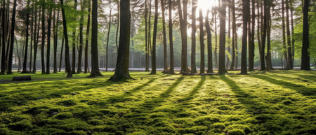 Silent Forest in spring with beautiful bright sun rays. Generative AIの素材